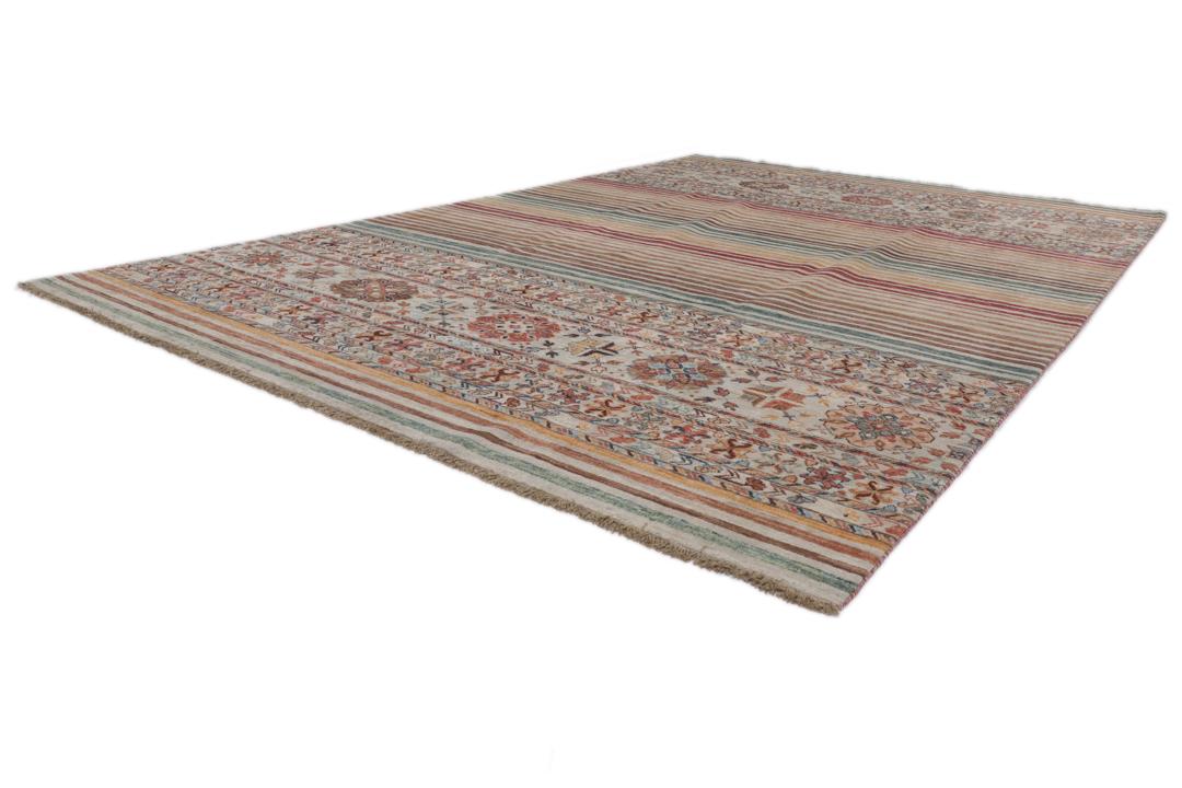 Covor afgan înnodat manual cu design multicolor în dungi și bordură ornamentată