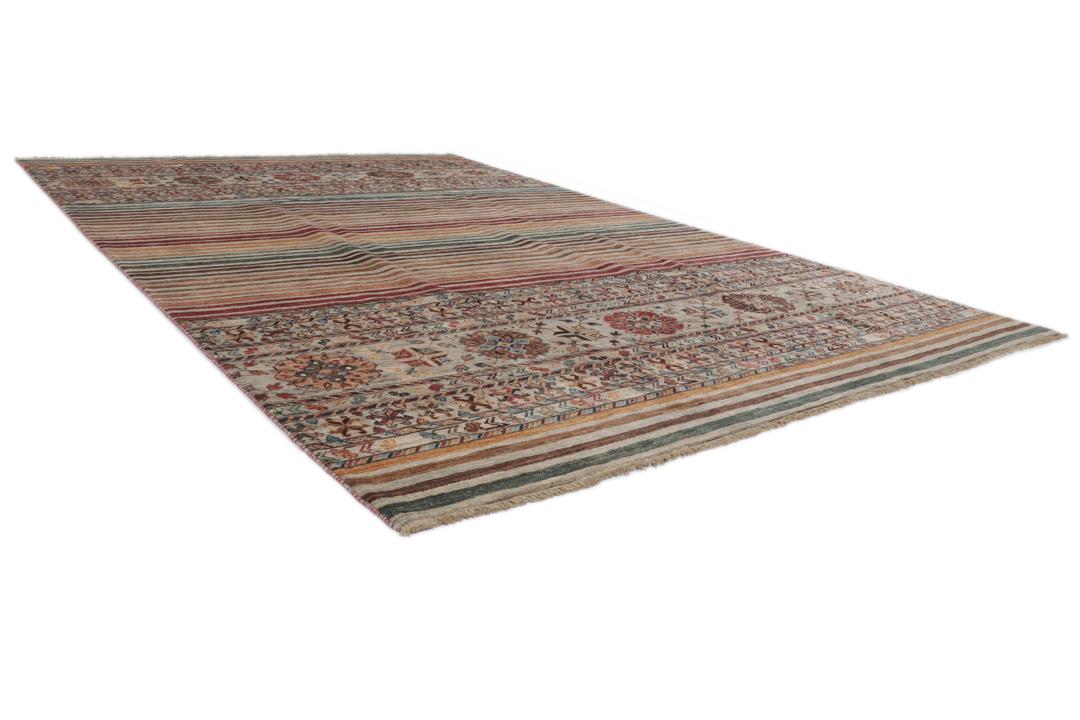 Covor afgan înnodat manual cu design multicolor în dungi și bordură ornamentată
