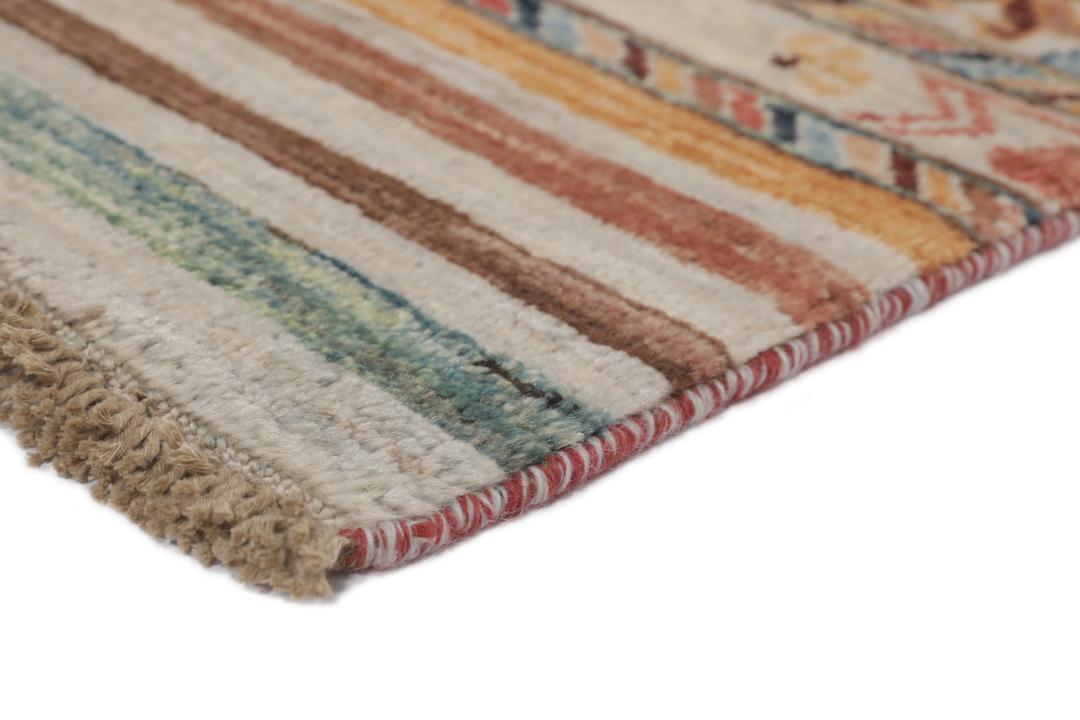 Covor afgan înnodat manual cu design multicolor în dungi și bordură ornamentată