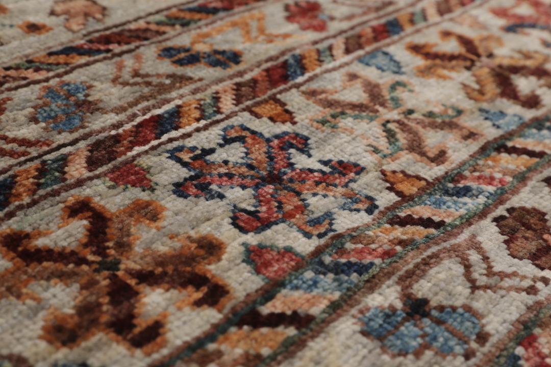 Covor afgan înnodat manual cu design multicolor în dungi și bordură ornamentată