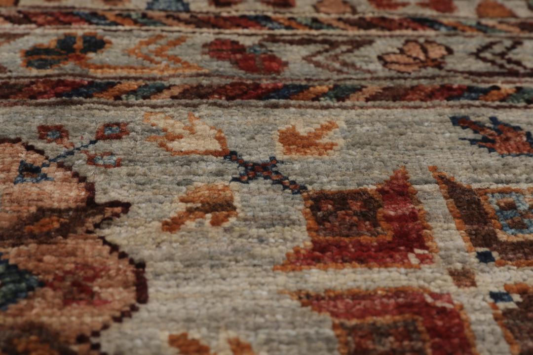 Covor afgan înnodat manual cu design multicolor în dungi și bordură ornamentată