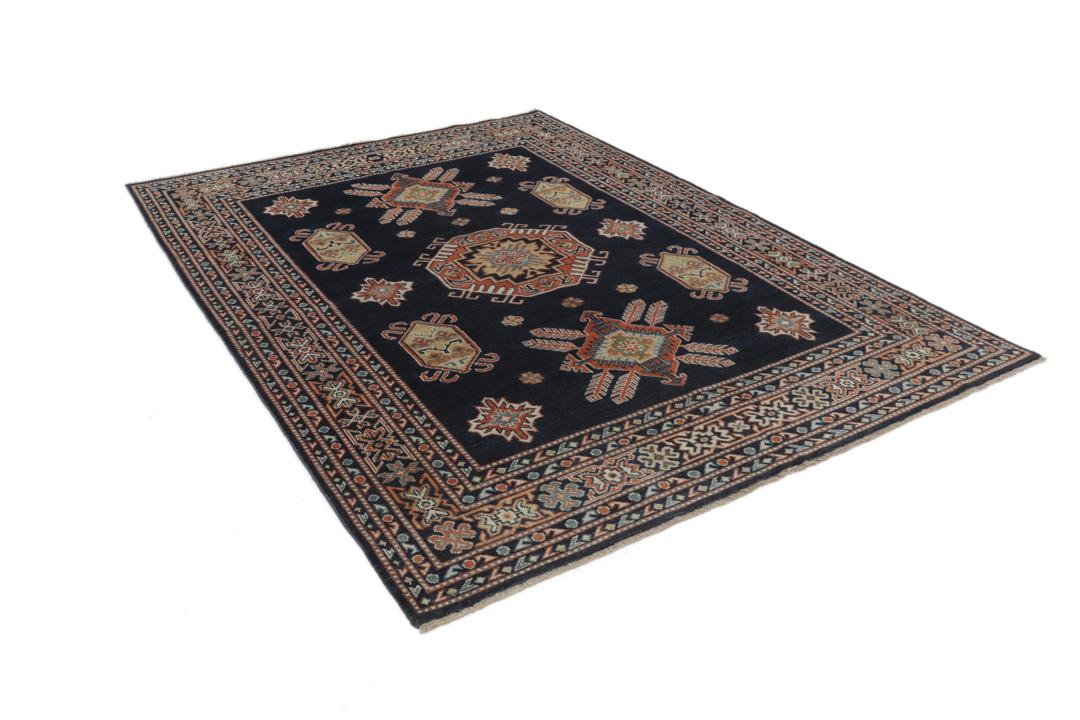 Handgeknoopt Afghaans Kazak-tapijt in donkerblauw met geometrische patronen