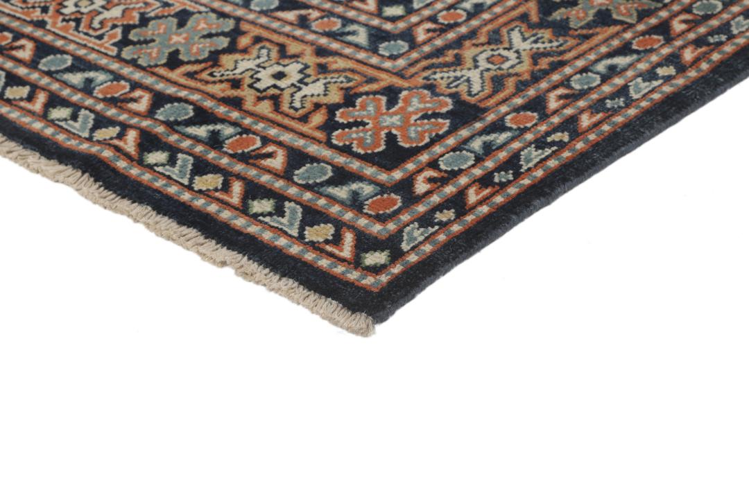Handgeknoopt Afghaans Kazak-tapijt in donkerblauw met geometrische patronen
