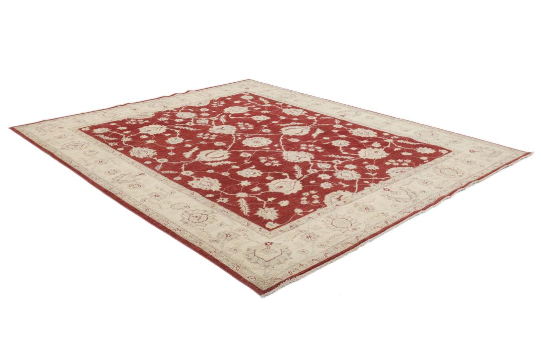 Covor afgan înnodat manual cu design floral roșu și margine crem