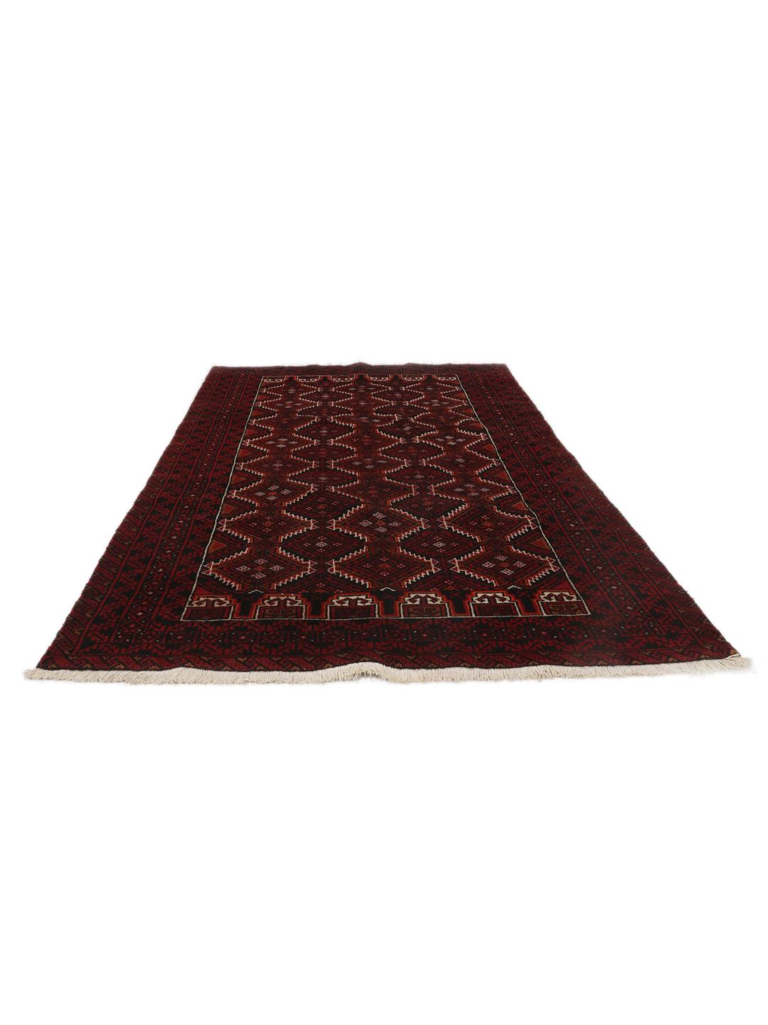 Handgeknoopt Beluch wollen tapijt uit het Midden-Oosten met een donkerrood geometrisch patroon.