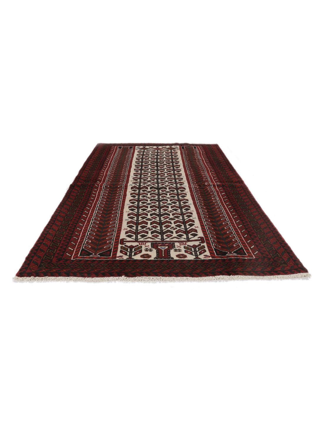 Hand-knotted Middle Eastern rug in red and cream tones