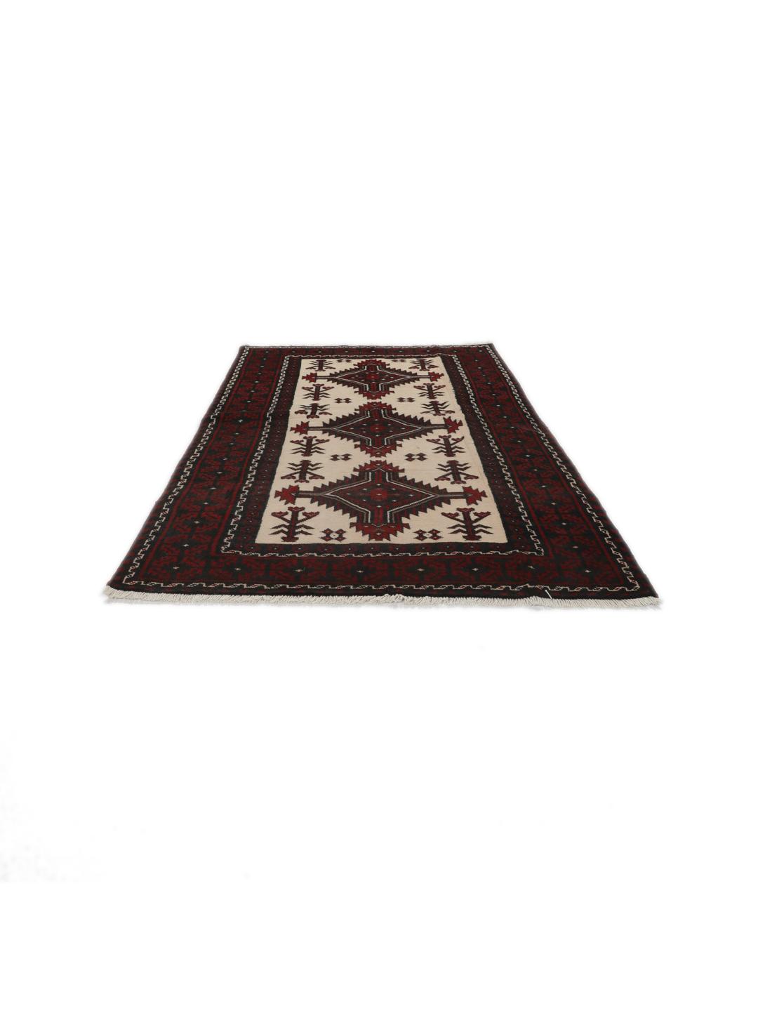 Handgeknoopt Beluch-tapijt met tribale geometrische motieven in donkerrood en beige