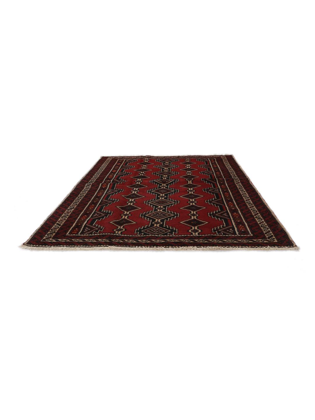 Hand-knotted Middle Eastern Baluch rug in dark red with geometric patterns