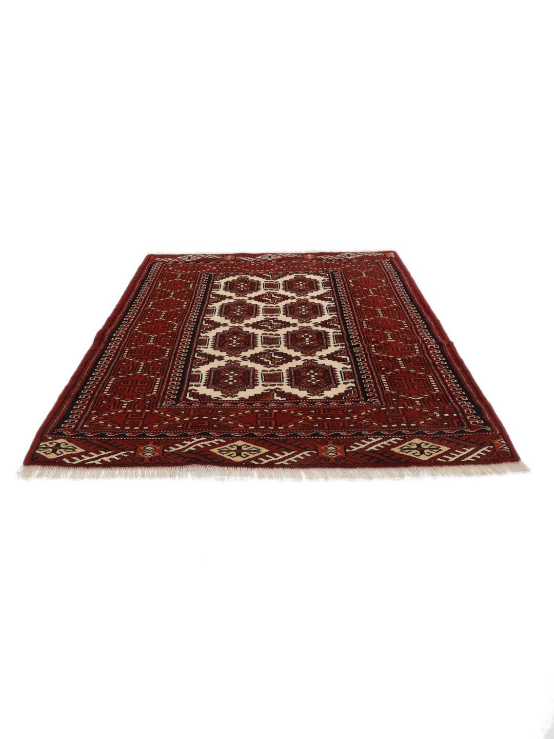 Handgeknoopt rood Turkaman-tapijt met traditionele geometrische motieven