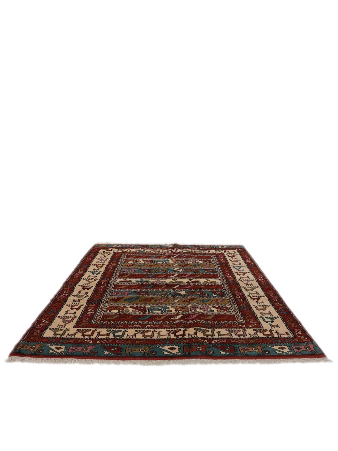 Hand-knotted Middle Eastern rug in red wool with pictorial motifs