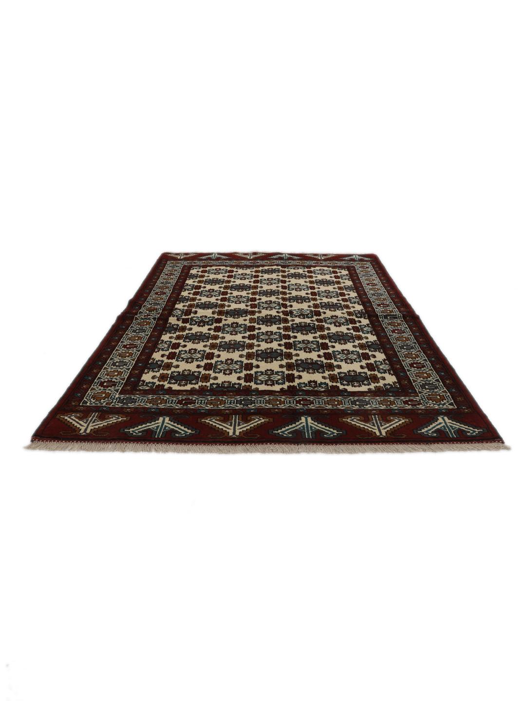 Hand-knotted Middle Eastern Turkaman wool rug in red and beige