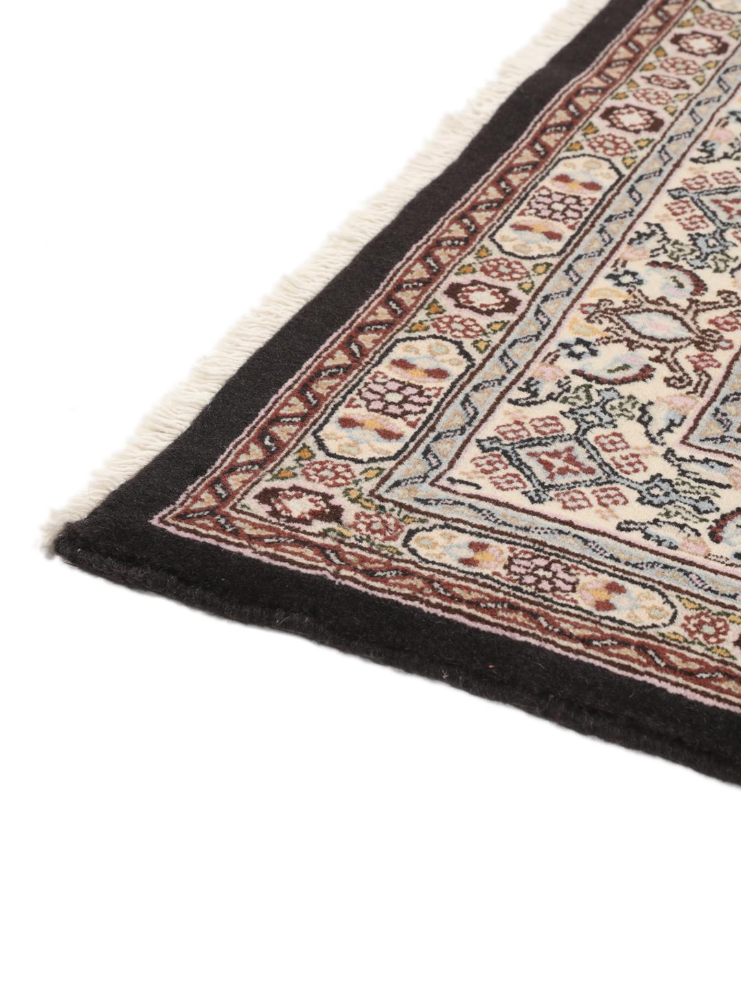 Hand-knotted Moud rug with intricate patterns in multicolor Wool, origin Middle East.