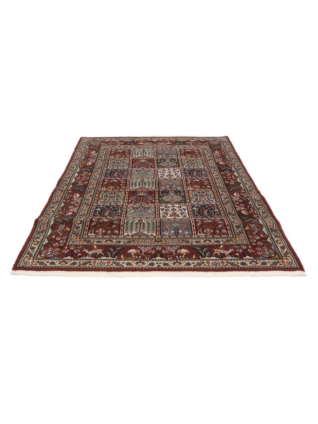Hand-knotted Moud rug from the Middle East in dark-red and multicolour