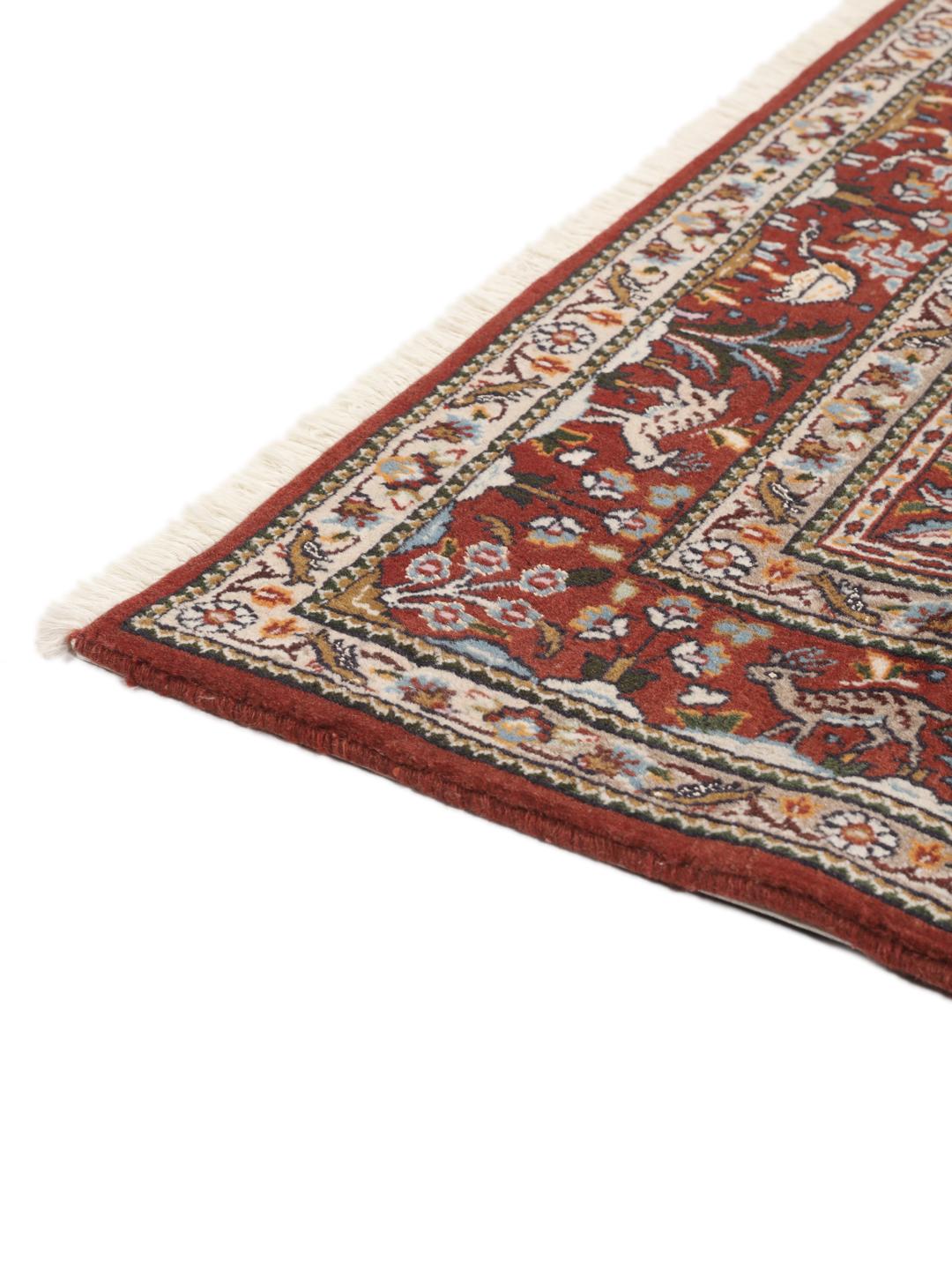 Hand-knotted Moud rug from the Middle East in dark-red and multicolour