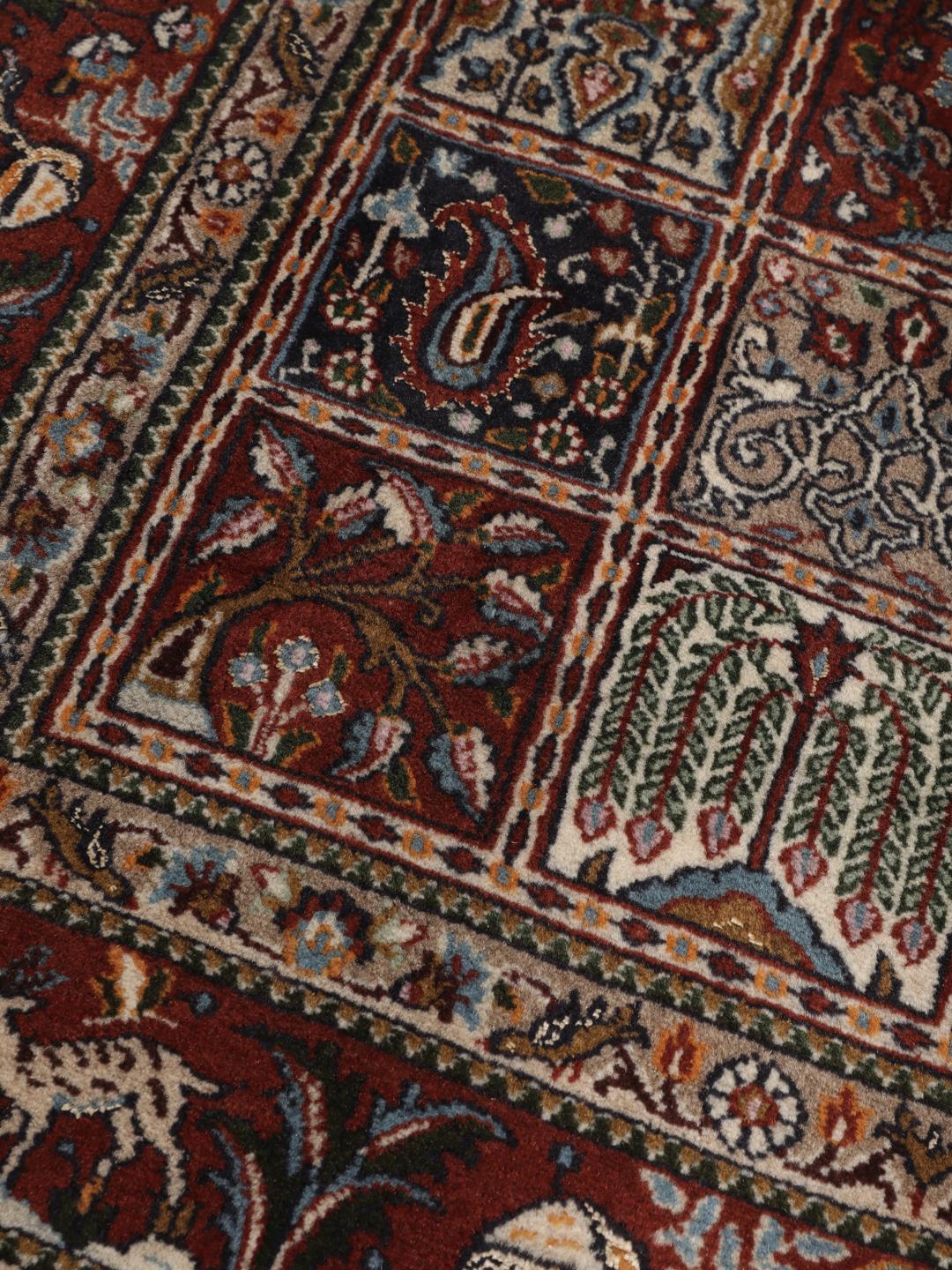 Hand-knotted Moud rug from the Middle East in dark-red and multicolour