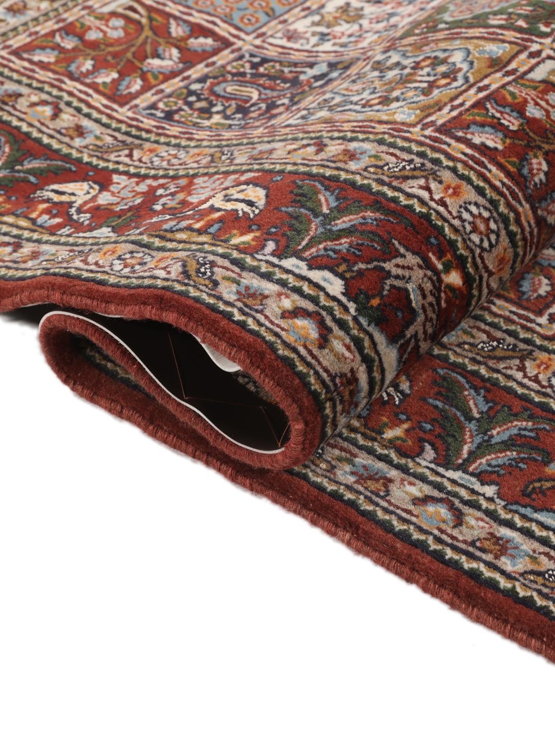 Hand-knotted Moud rug from the Middle East in dark-red and multicolour