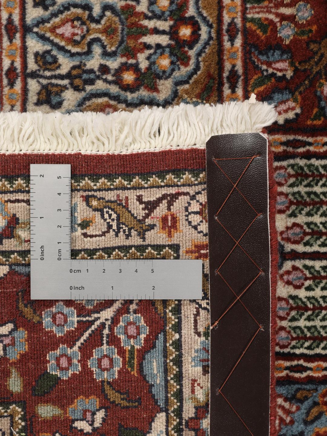 Hand-knotted Moud rug from the Middle East in dark-red and multicolour