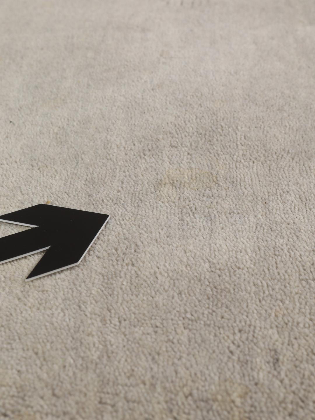 Een minimalistisch beige handgeweven tapijt uit India met een zachte, monochrome pool.