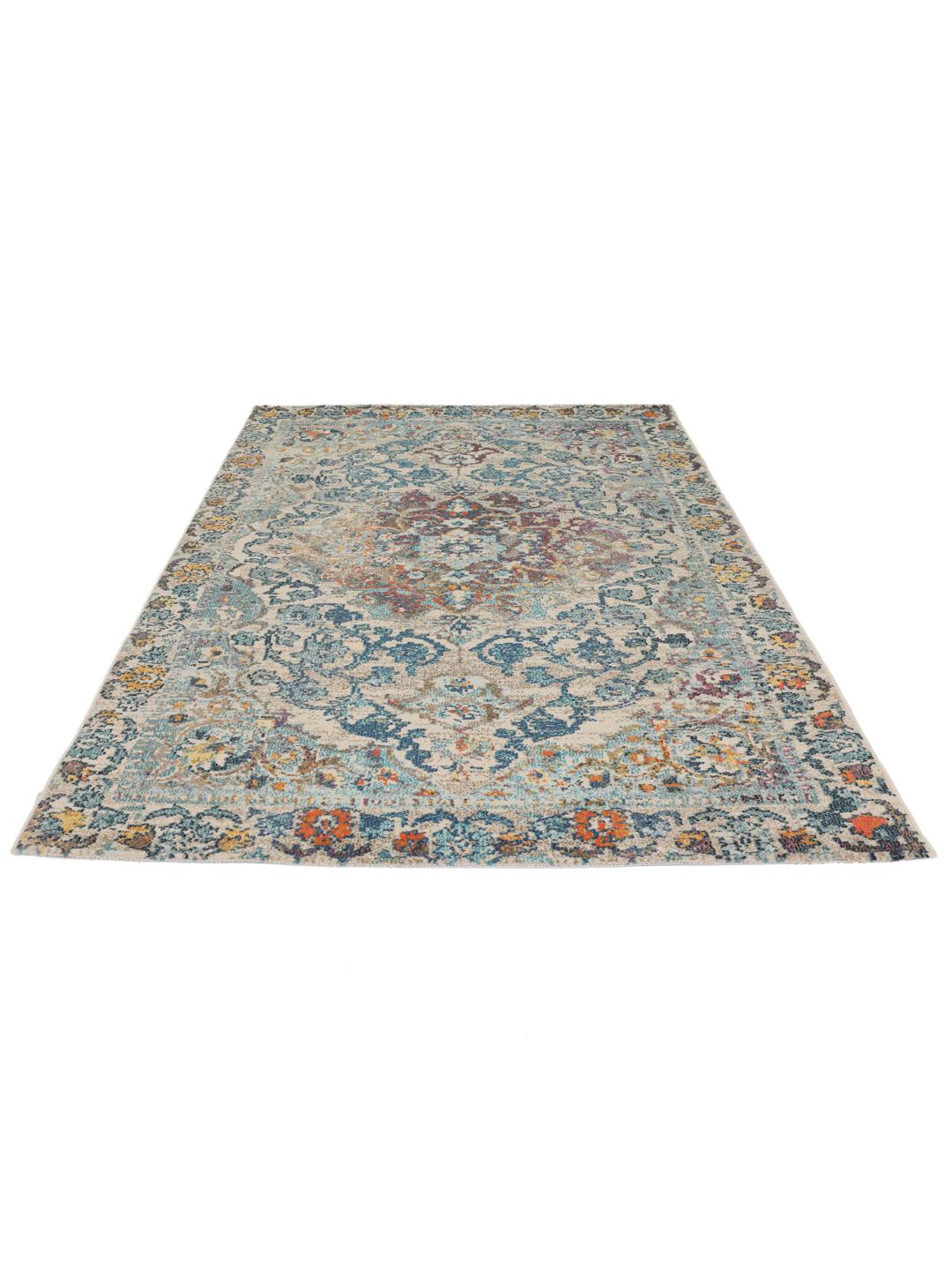 Rechthoekig blauw en crèmekleurig tapijt met een traditioneel patroon