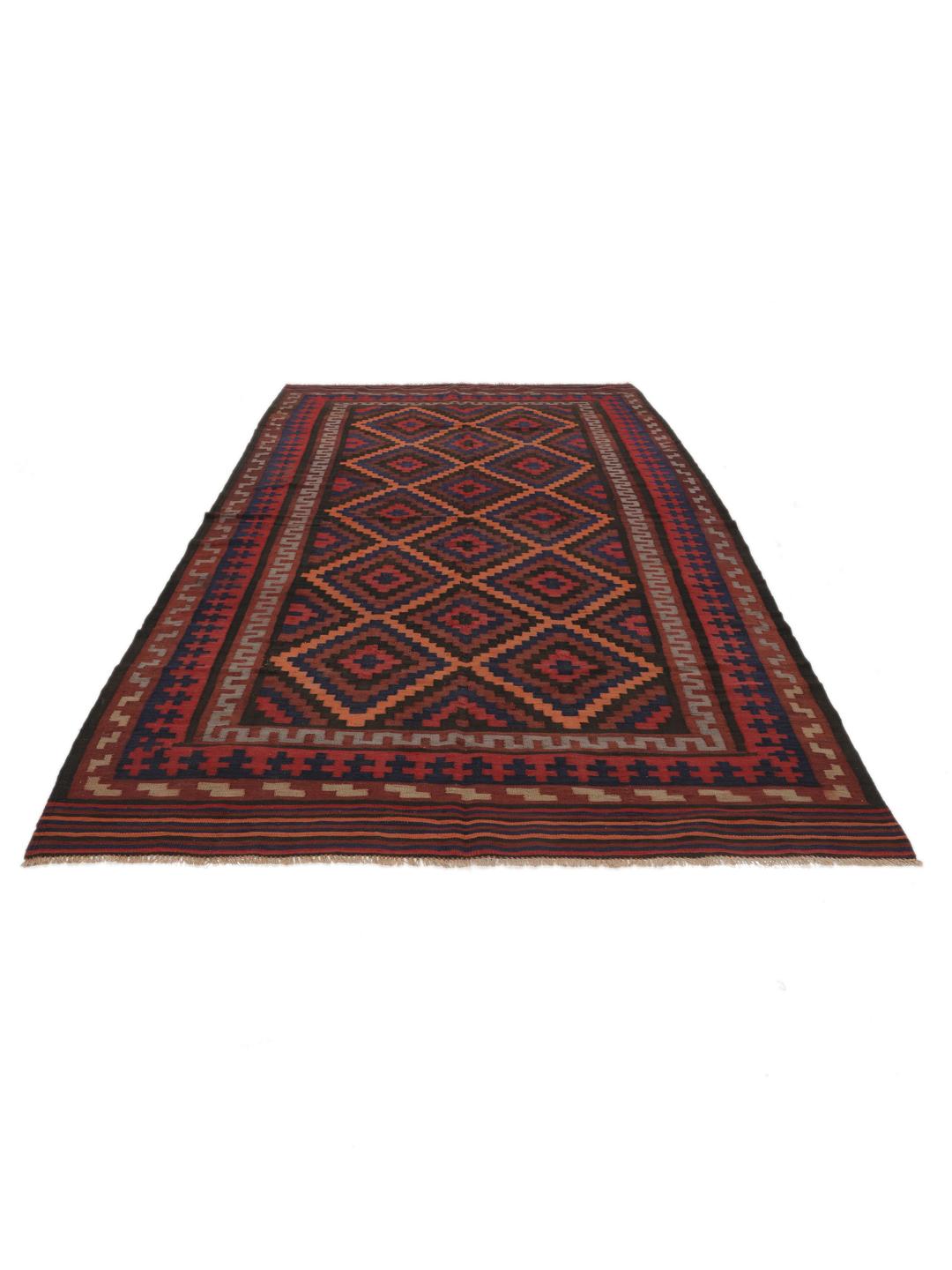 Tapis Kilim vintage afghan avec des motifs géométriques en losange dans des tons rouges et sombres.