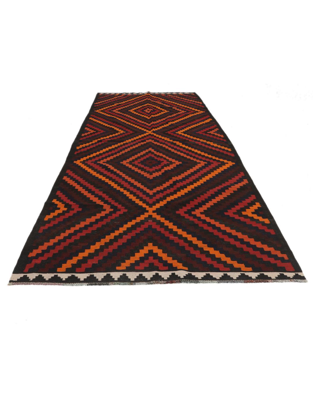 Chemin de table Kelim afghan tissé à la main avec un motif géométrique en losanges rouge foncé et orange