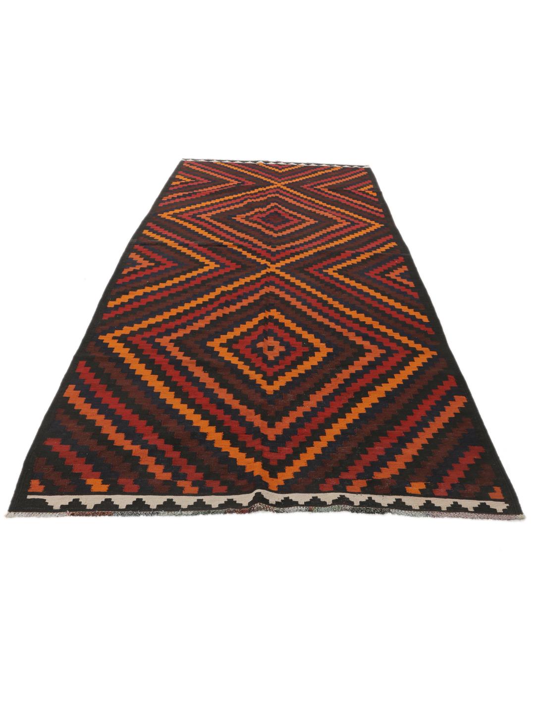 Chemin de table Kelim afghan tissé à la main avec un motif géométrique en losanges rouge foncé et orange