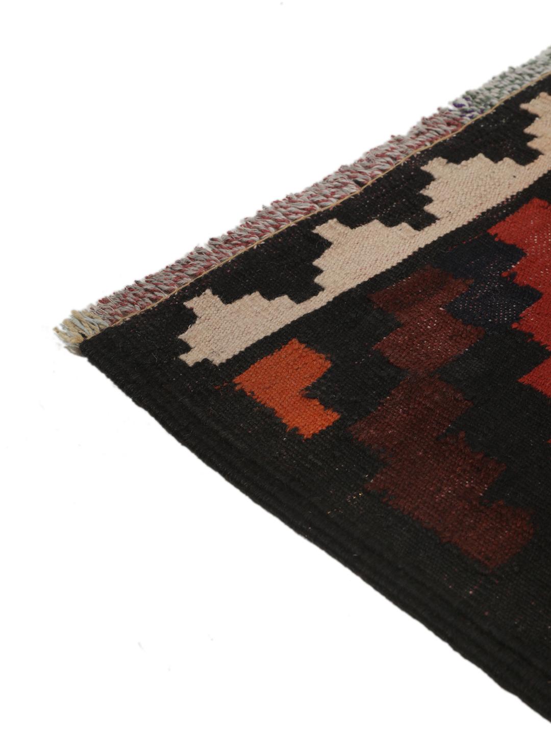 Chemin de table Kelim afghan tissé à la main avec un motif géométrique en losanges rouge foncé et orange