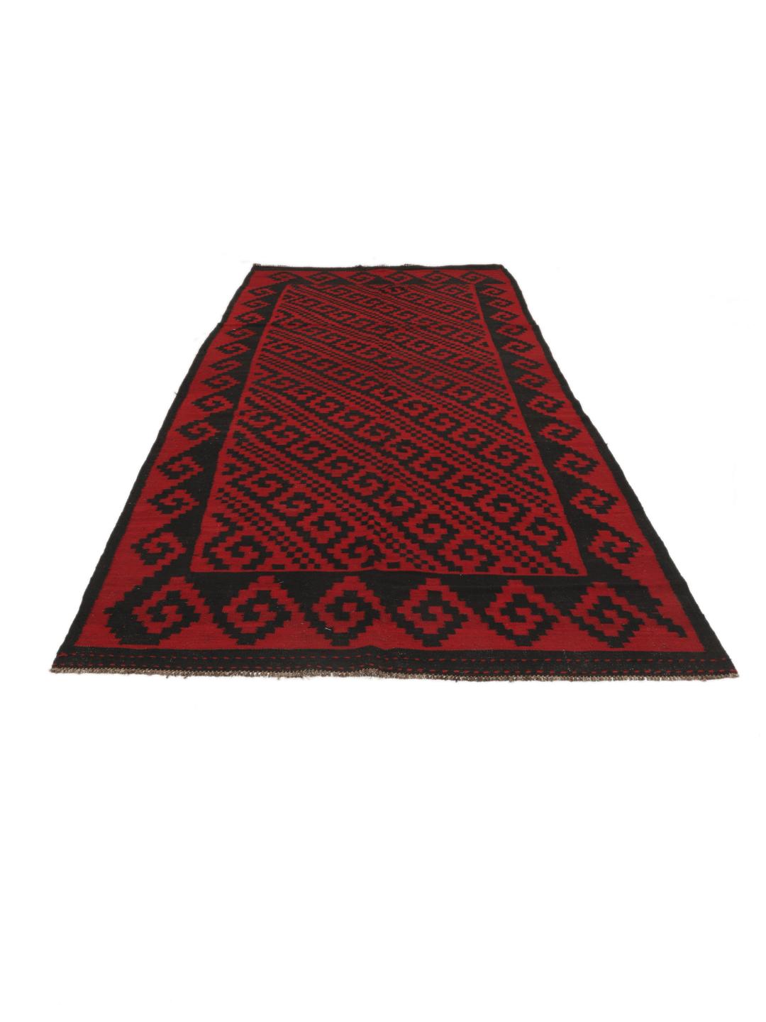 Un tapis couloir Kelim vintage afghan tissé à la main avec un motif géométrique rouge et noir audacieux