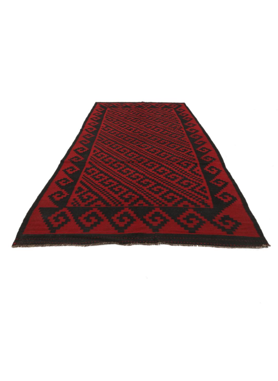 Un tapis couloir Kelim vintage afghan tissé à la main avec un motif géométrique rouge et noir audacieux