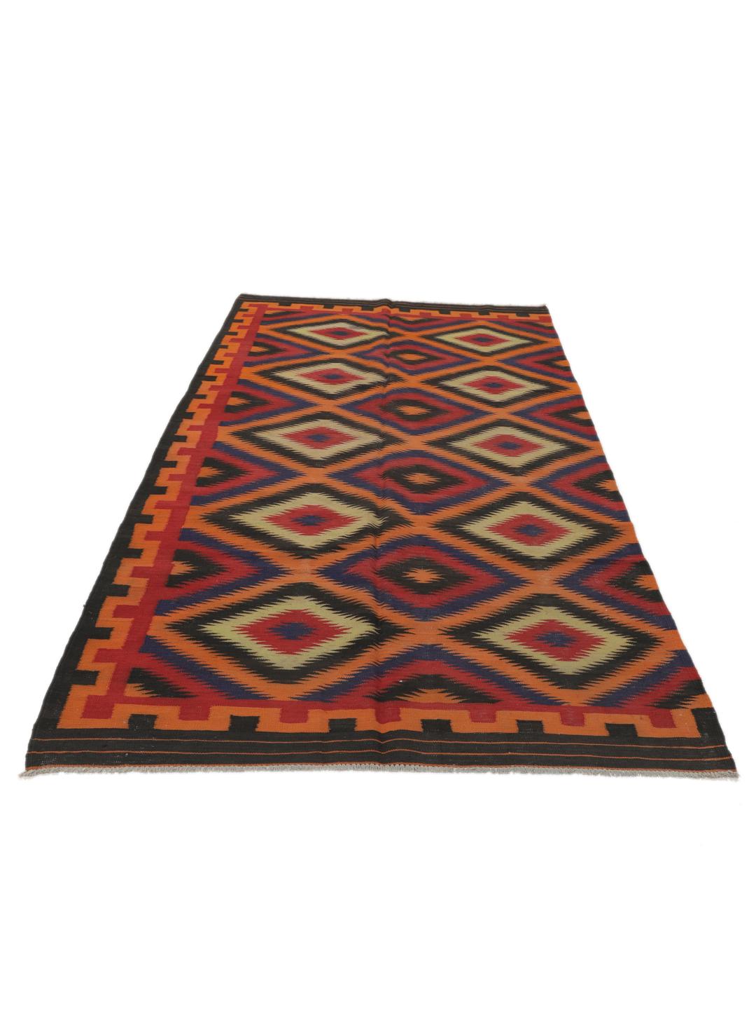 Een rechthoekige Afghaanse vintage kelim met een veelkleurig geometrisch ruitpatroon