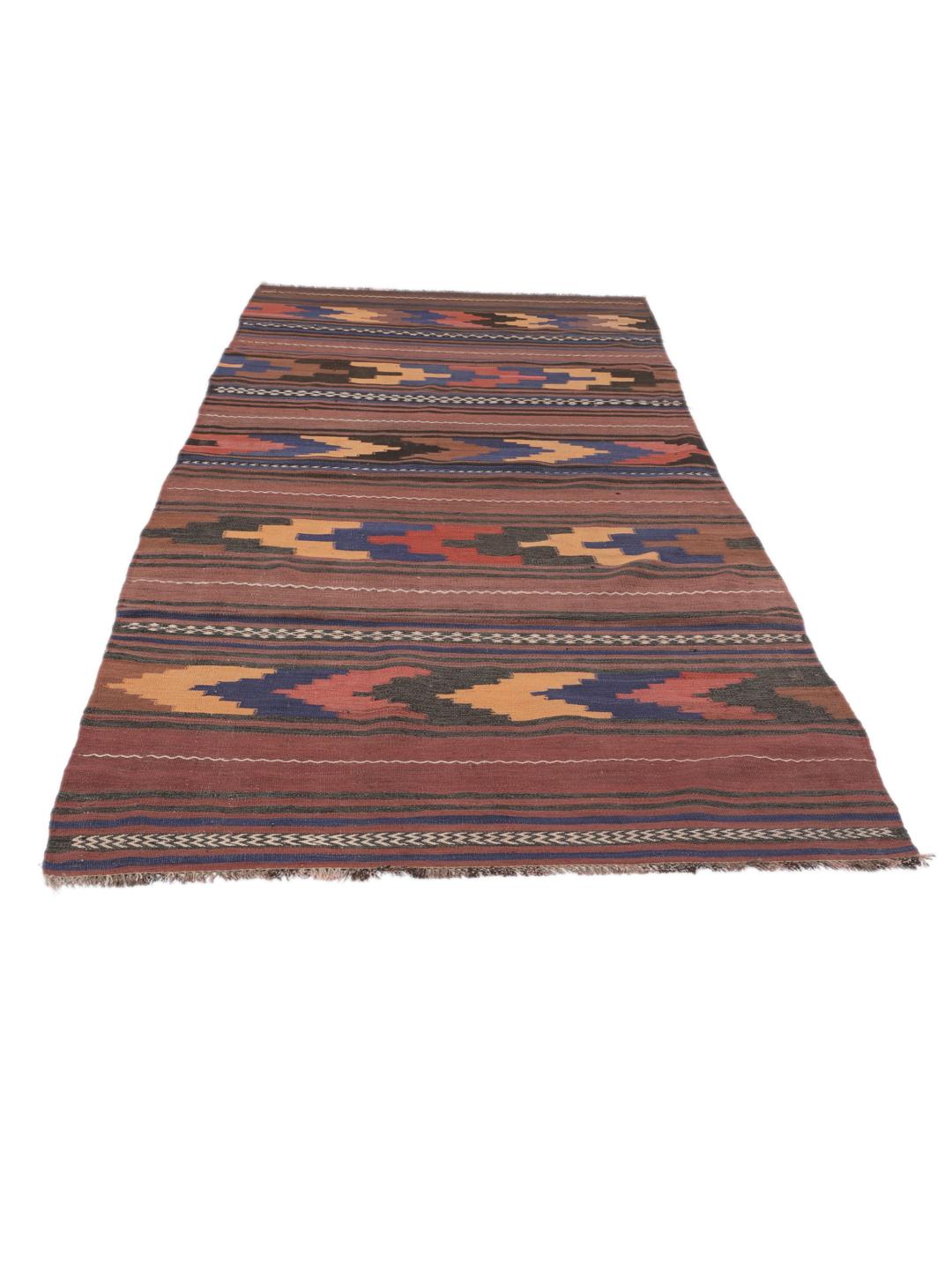 Tapis kelim vintage d'Afghanistan avec des motifs géométriques tribaux dans des tons marron et rouge