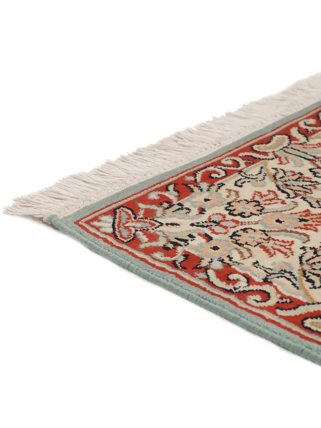 Håndknyttet Kashmir silketæppe fra Indien i røde og beige toner