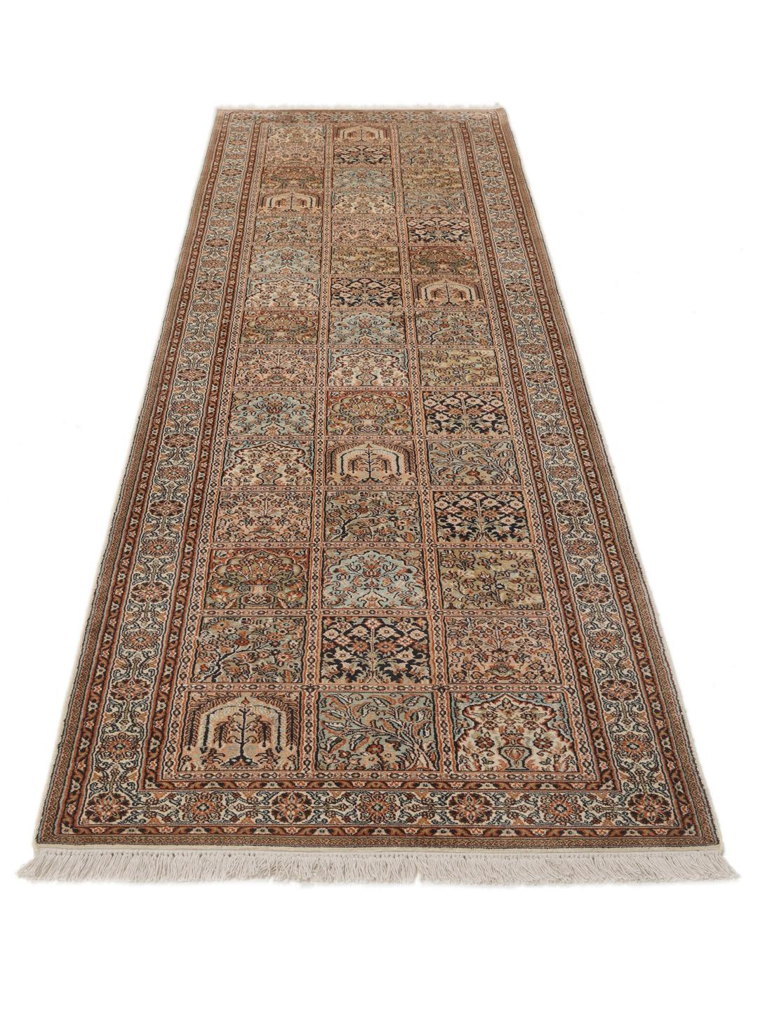 Hand-knotted Kashmir silk runner from India in beige and multicolor