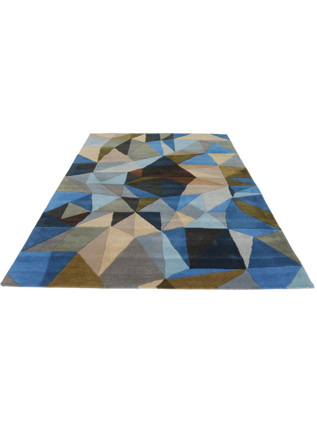 Handgetuft blauw wollen tapijt met een geometrisch patroon