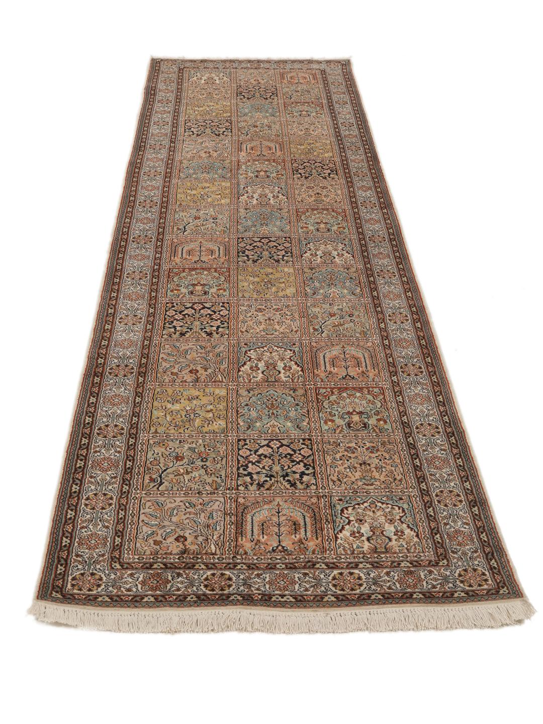 Hand-knotted Indian silk runner with intricate garden panels in multicolor