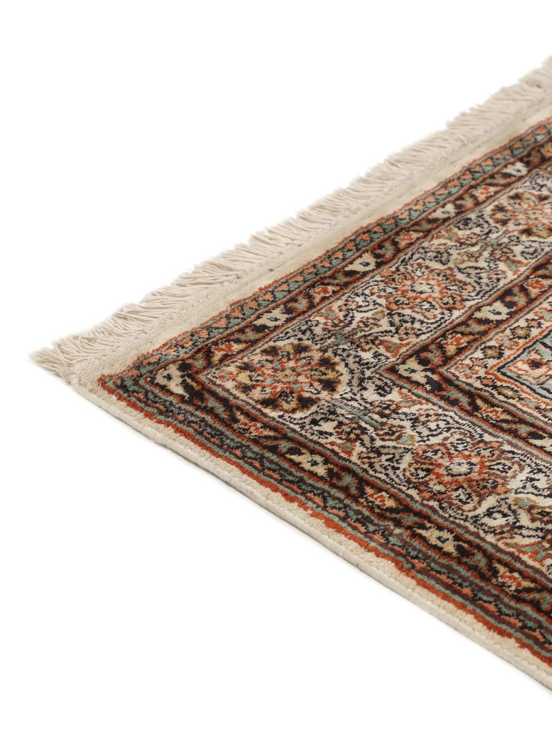Hand-knotted Indian silk runner with intricate garden panels in multicolor