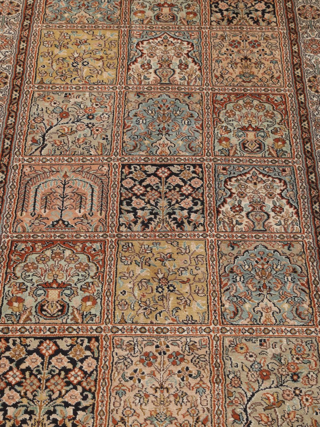 Hand-knotted Indian silk runner with intricate garden panels in multicolor