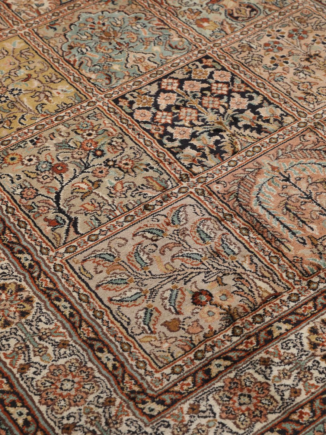 Hand-knotted Indian silk runner with intricate garden panels in multicolor