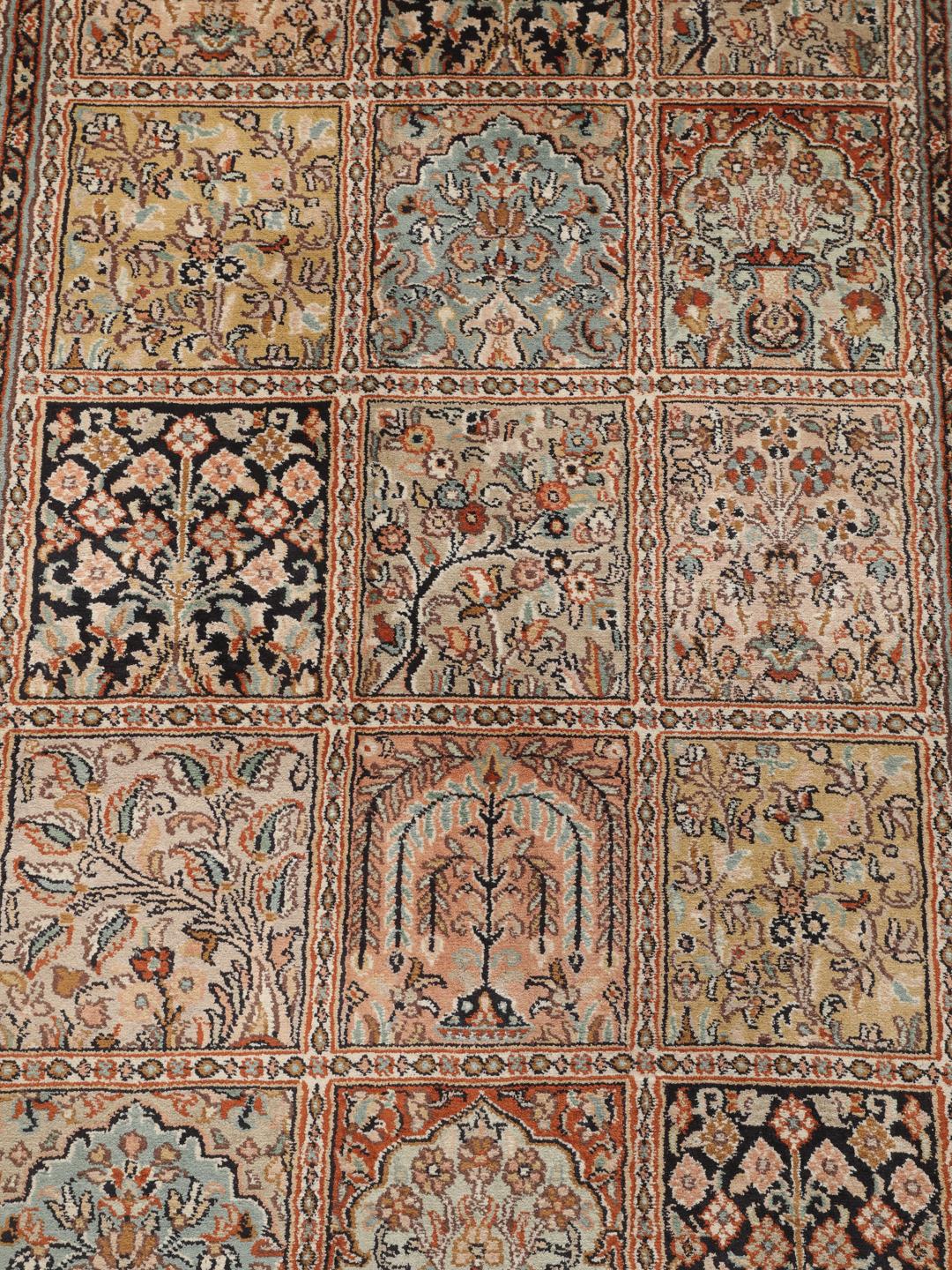 Hand-knotted Indian silk runner with intricate garden panels in multicolor