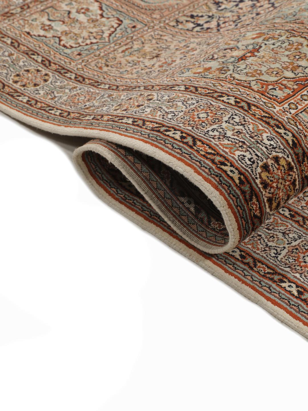 Hand-knotted Indian silk runner with intricate garden panels in multicolor