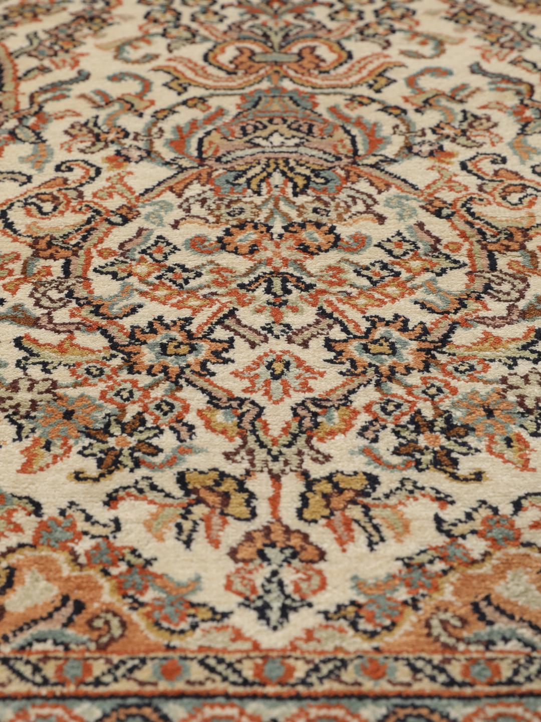Kashmir silk rug from India with a beige and multicolor floral design