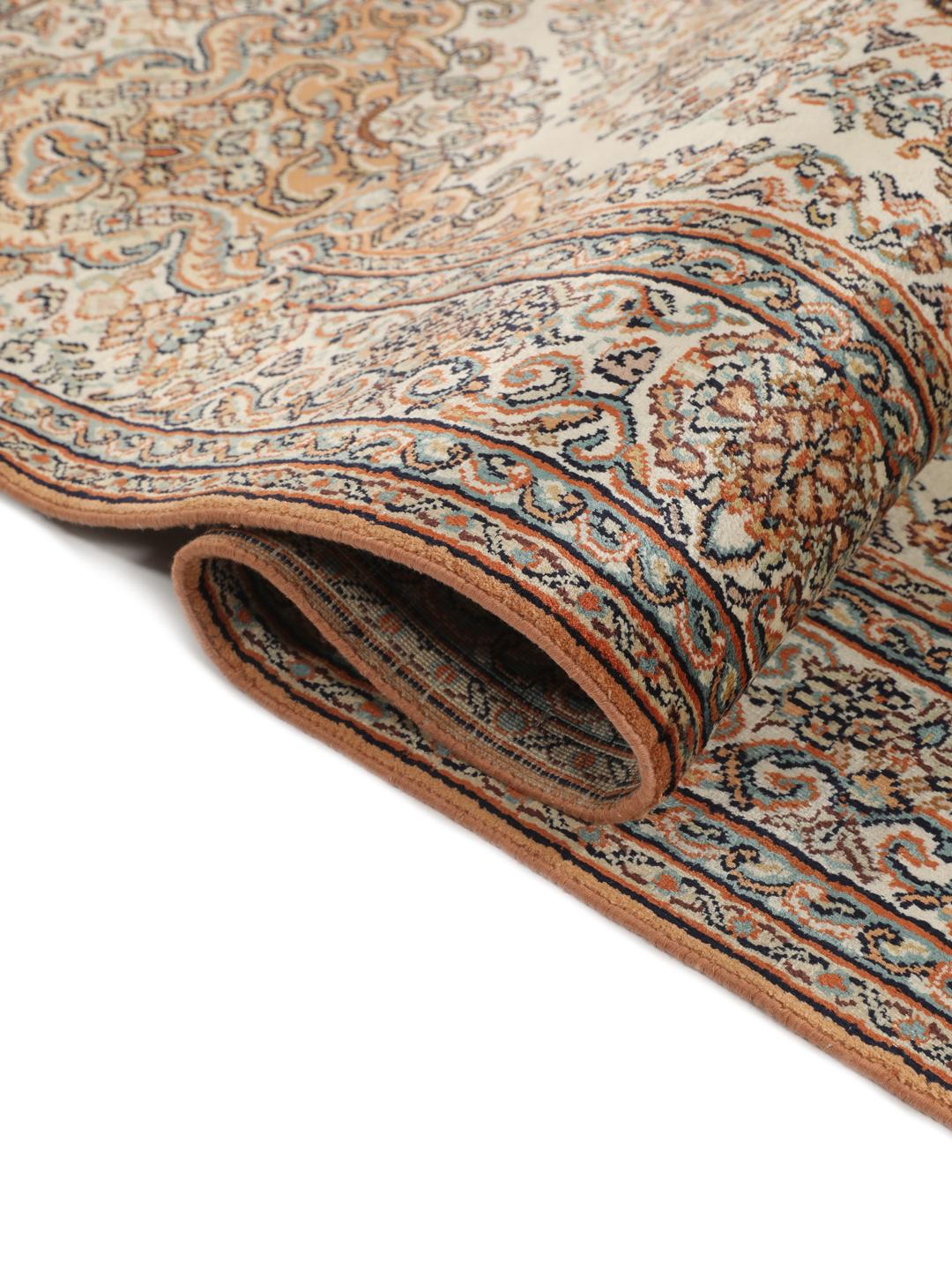 Kashmir silk rug from India with a beige and multicolor floral design