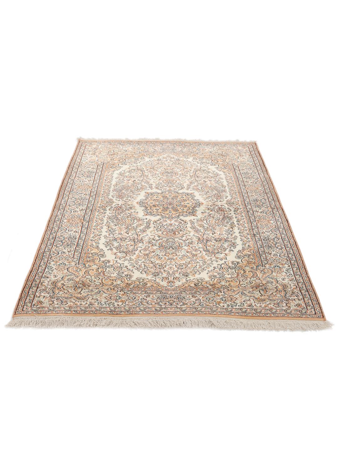 Kashmir silk rug from India with a beige and multicolor floral design