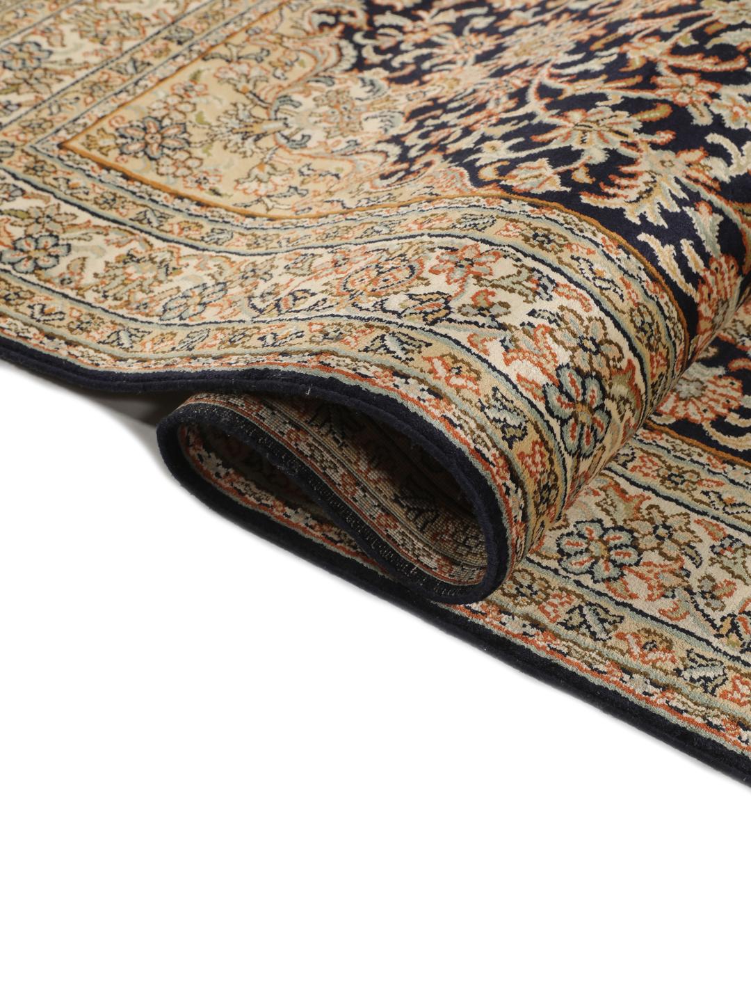 Hand-knotted Indian silk rug with intricate floral medallion patterns in blue and beige.