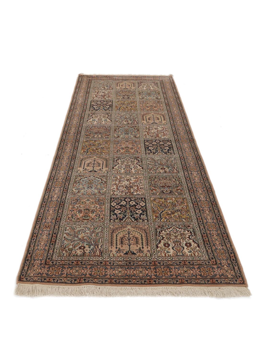 Hand-knotted Kashmir silk runner with a multicolour panelled design from India.