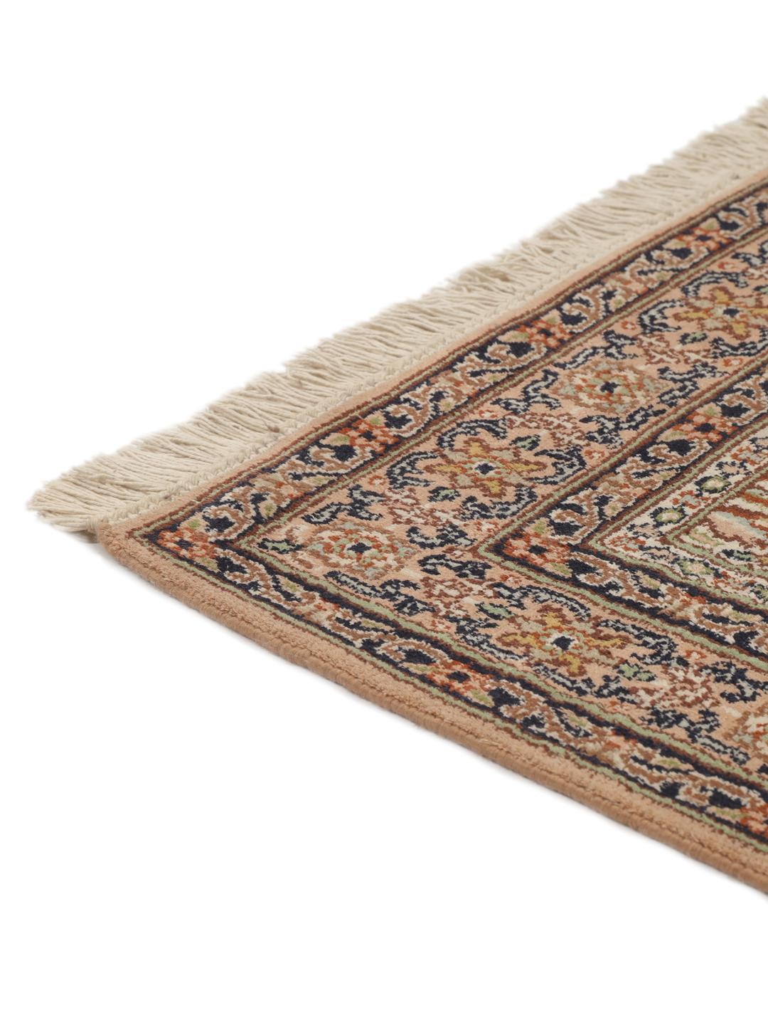 Hand-knotted Kashmir silk runner with a multicolour panelled design from India.