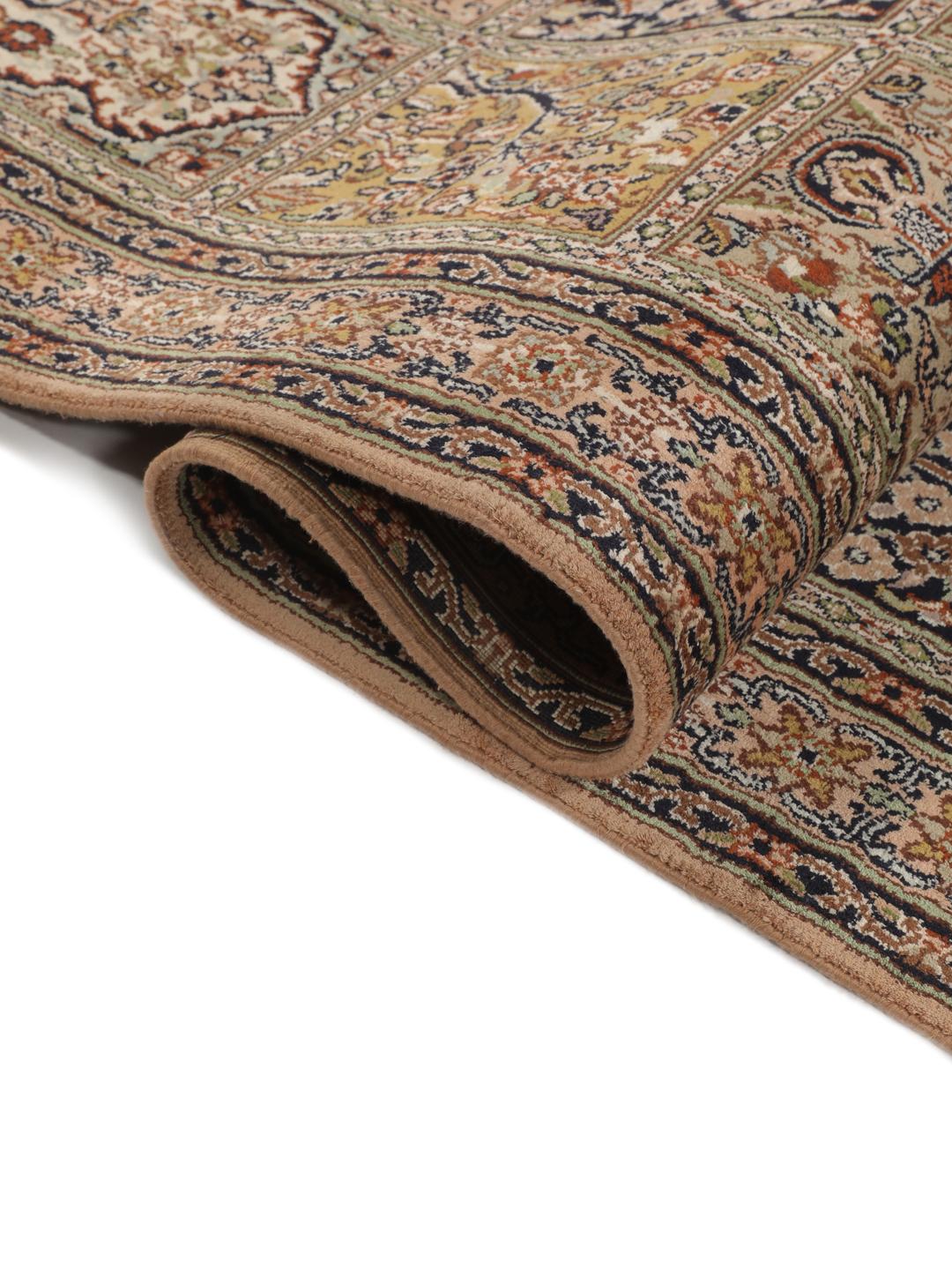 Hand-knotted Kashmir silk runner with a multicolour panelled design from India.