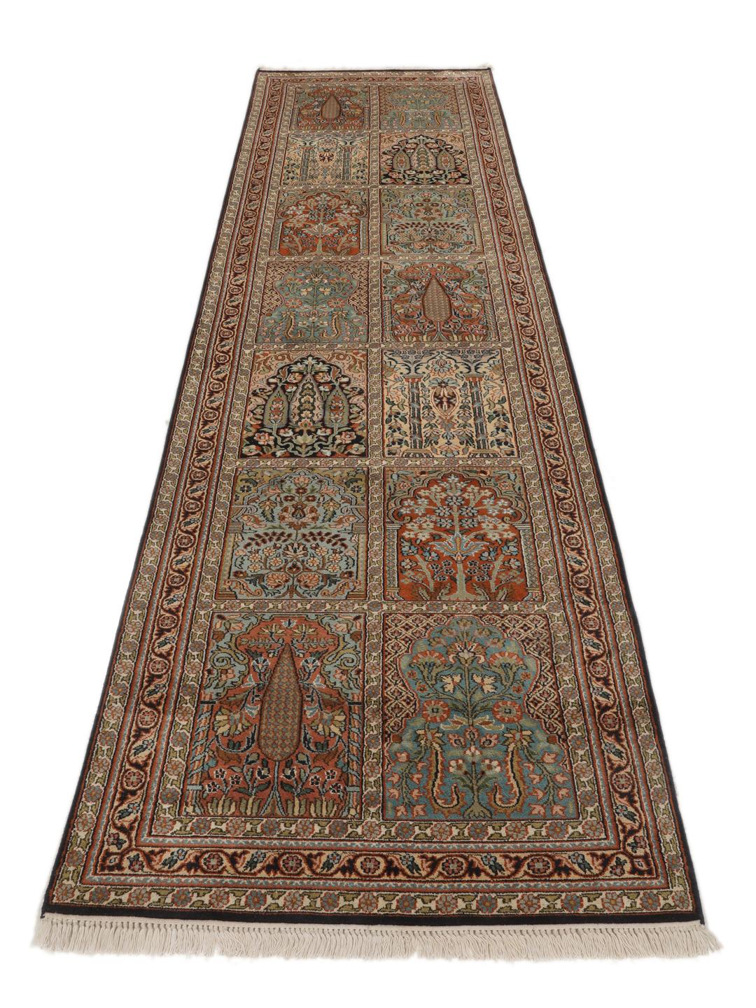 Hand-knotted Kashmir silk runner with colourful floral garden panels from India