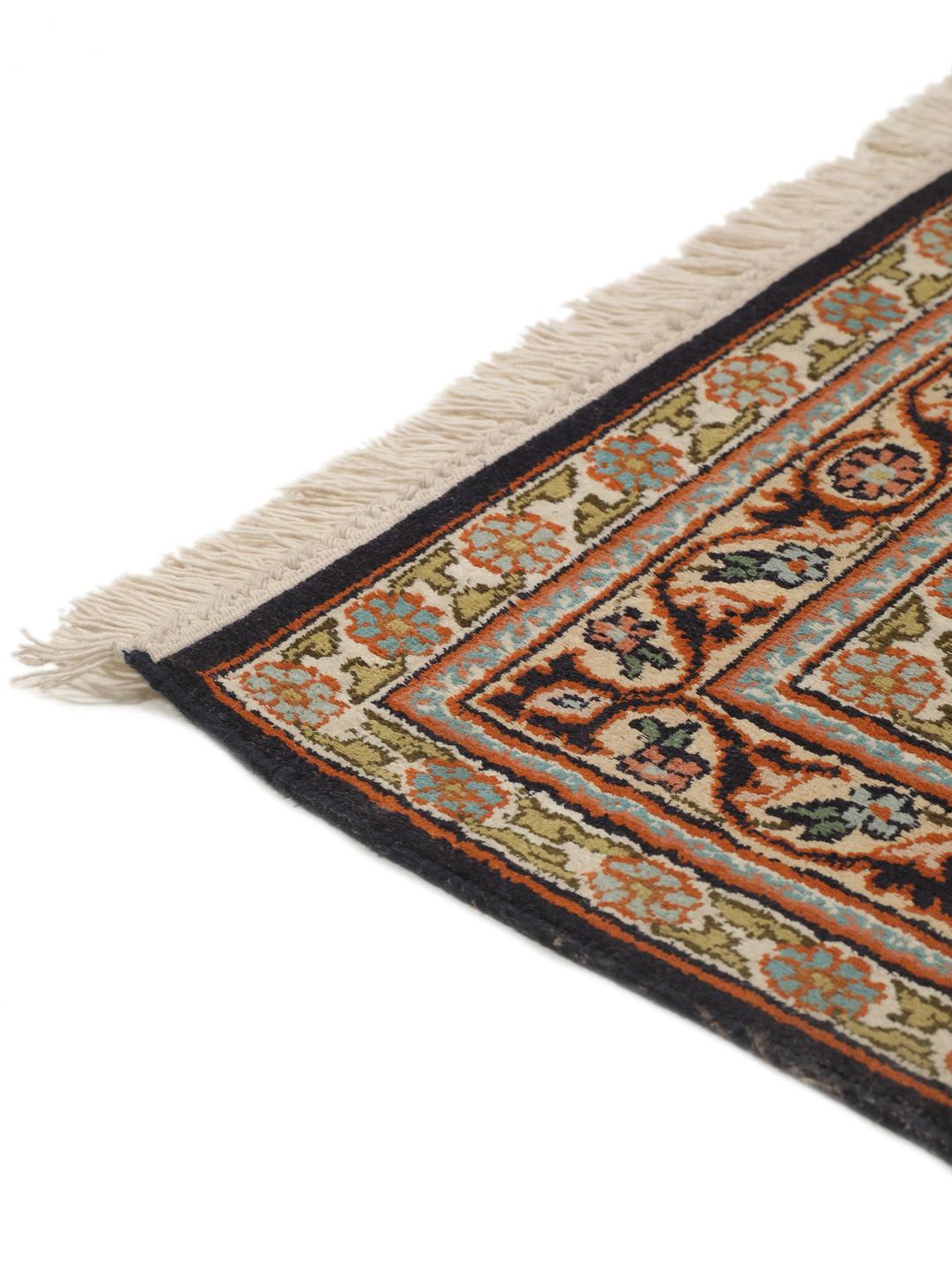 Hand-knotted Kashmir silk runner with colourful floral garden panels from India