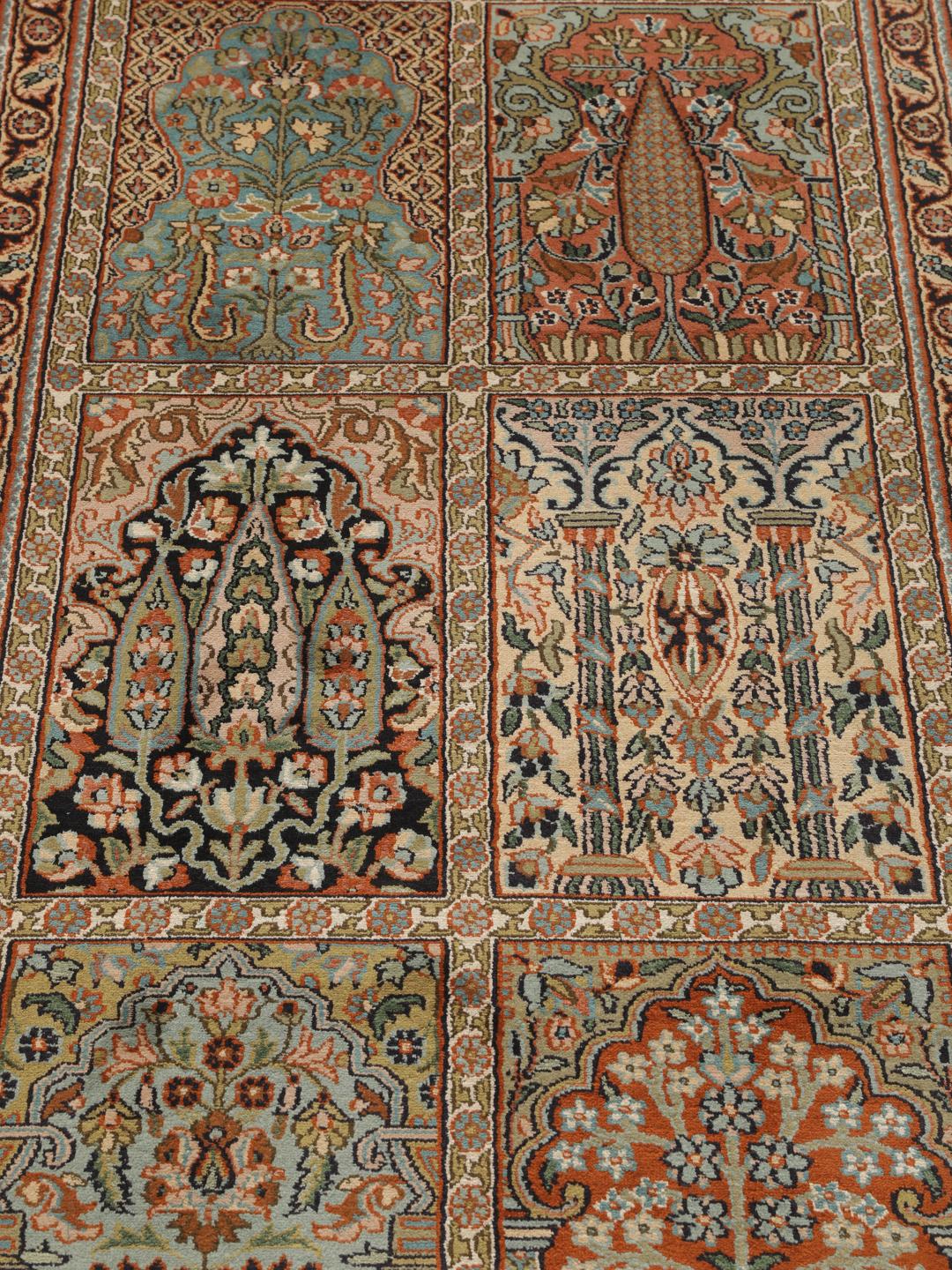 Hand-knotted Kashmir silk runner with colourful floral garden panels from India